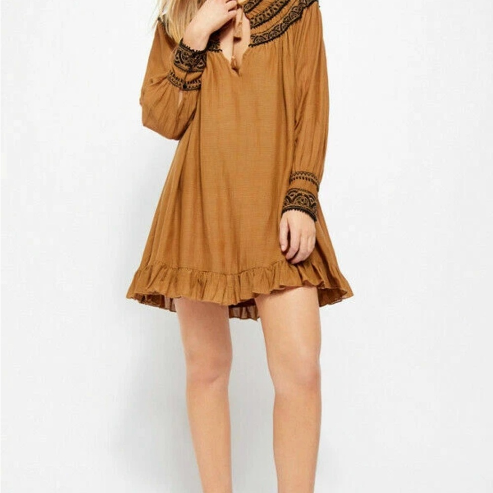 Free People Anthropologie Erin Embroidered LS Bronze Keyhole Mini Dress Sz. M